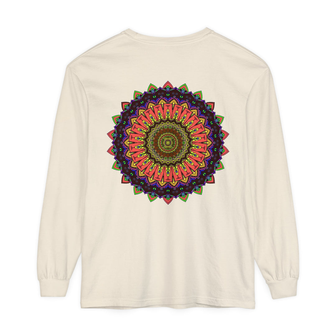 Intricate Mandala Long Sleeve T-Shirt with Colorful Design on Black Background