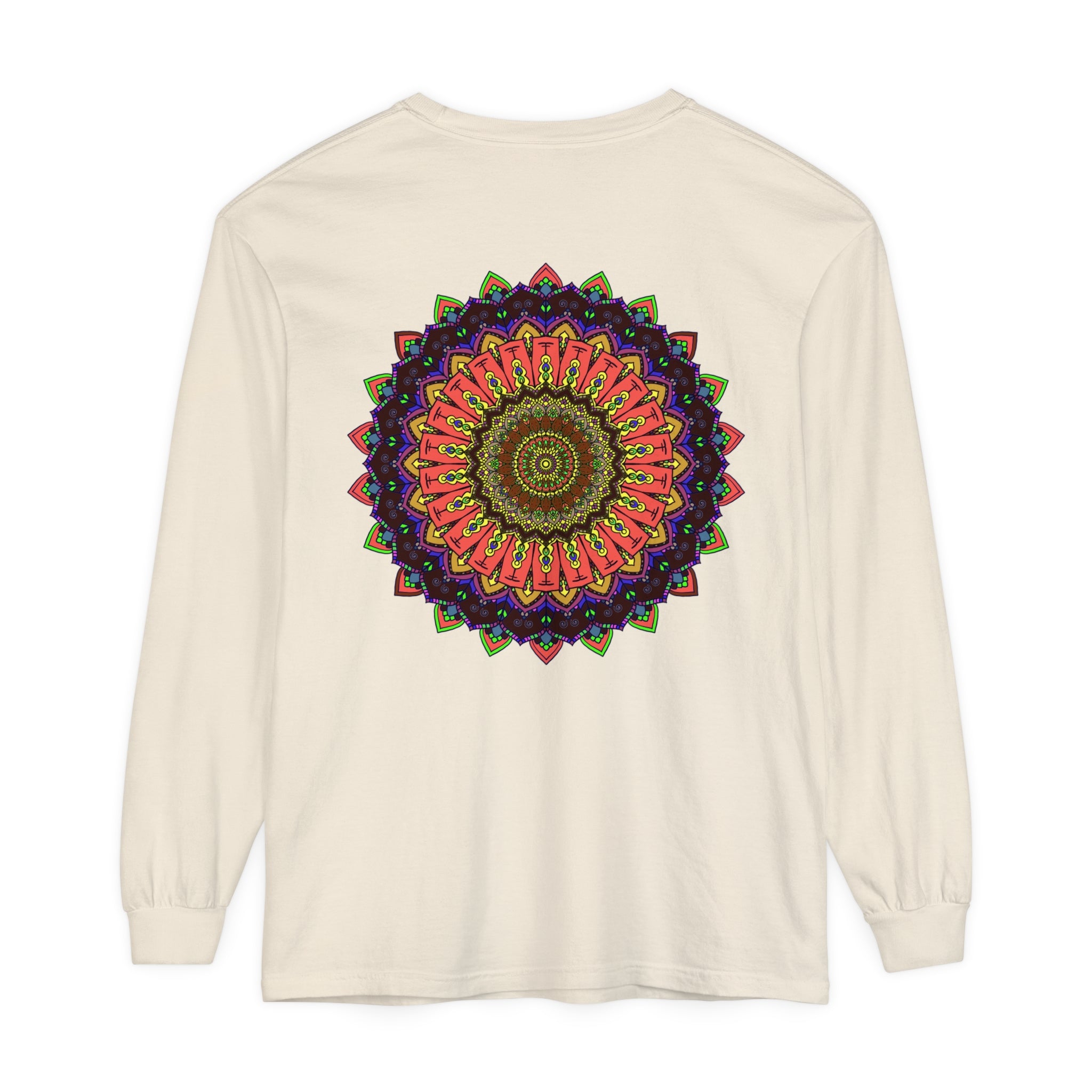 Intricate Mandala Long Sleeve T-Shirt with Colorful Design on Black Background