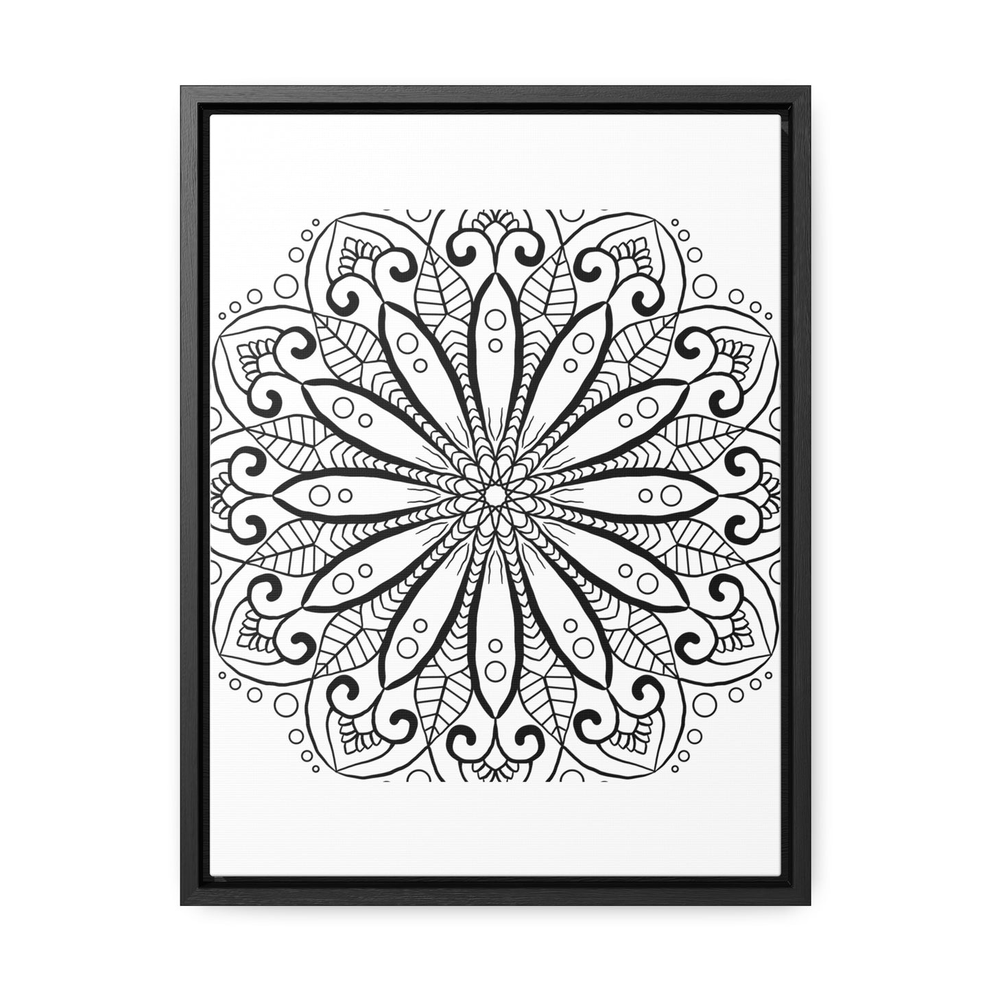 Handmade black and white Mandala art on gallery canvas wrap, displayed in vertical frame