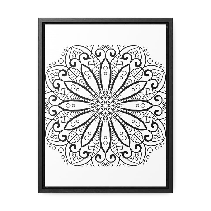 Handmade black and white Mandala art on gallery canvas wrap, displayed in vertical frame