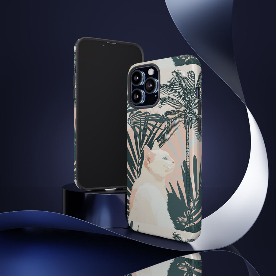 Tropical Cat Phone Case with Lush Palm Motifs and Soft Pastels