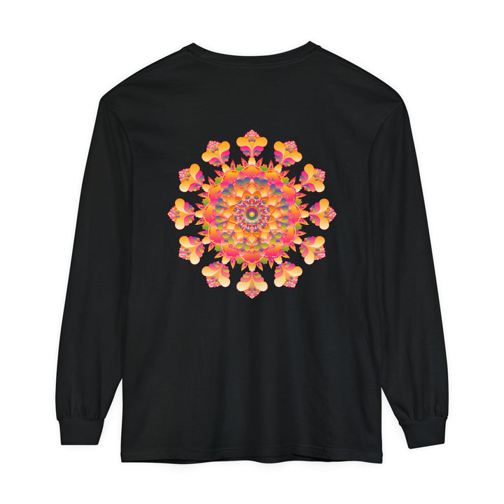 Colorful and detailed mandala design on a unisex long sleeve t-shirt