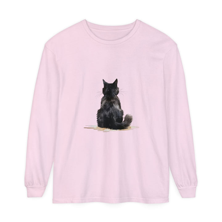 A stylish unisex long sleeve t-shirt featuring a watercolor design of a black cat