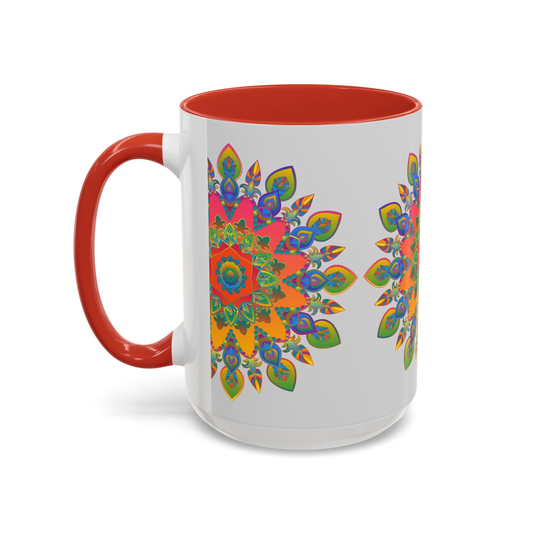 Colorful Mandala Mug featuring intricate and vibrant art on a grey background