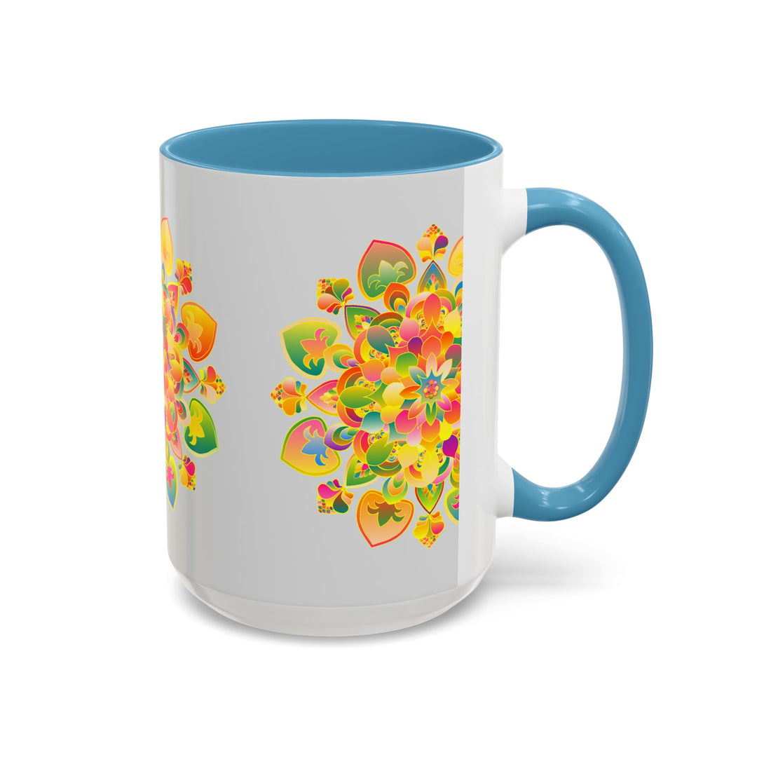 Colorful ceramic mug featuring a stunning mandala art design with flowers