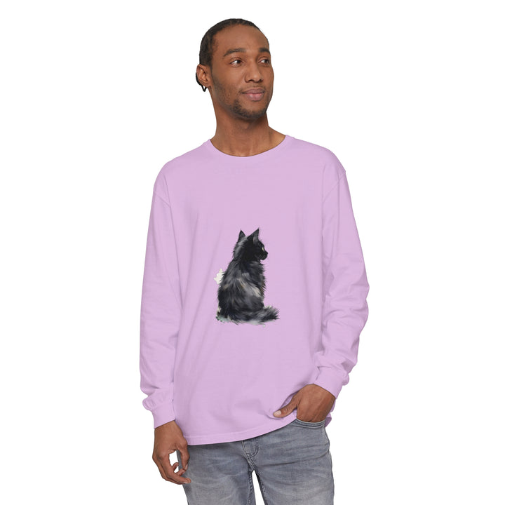 A watercolor painting of a black and white cat printed on a long sleeve t-shirt