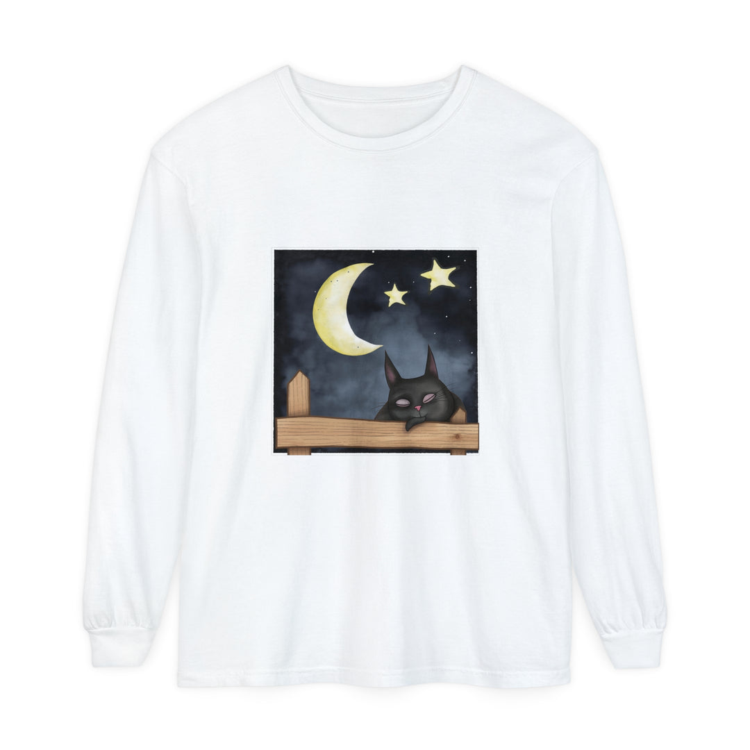 A cozy navy blue t-shirt featuring an adorable sleepy cat gazing up at the starry night sky design