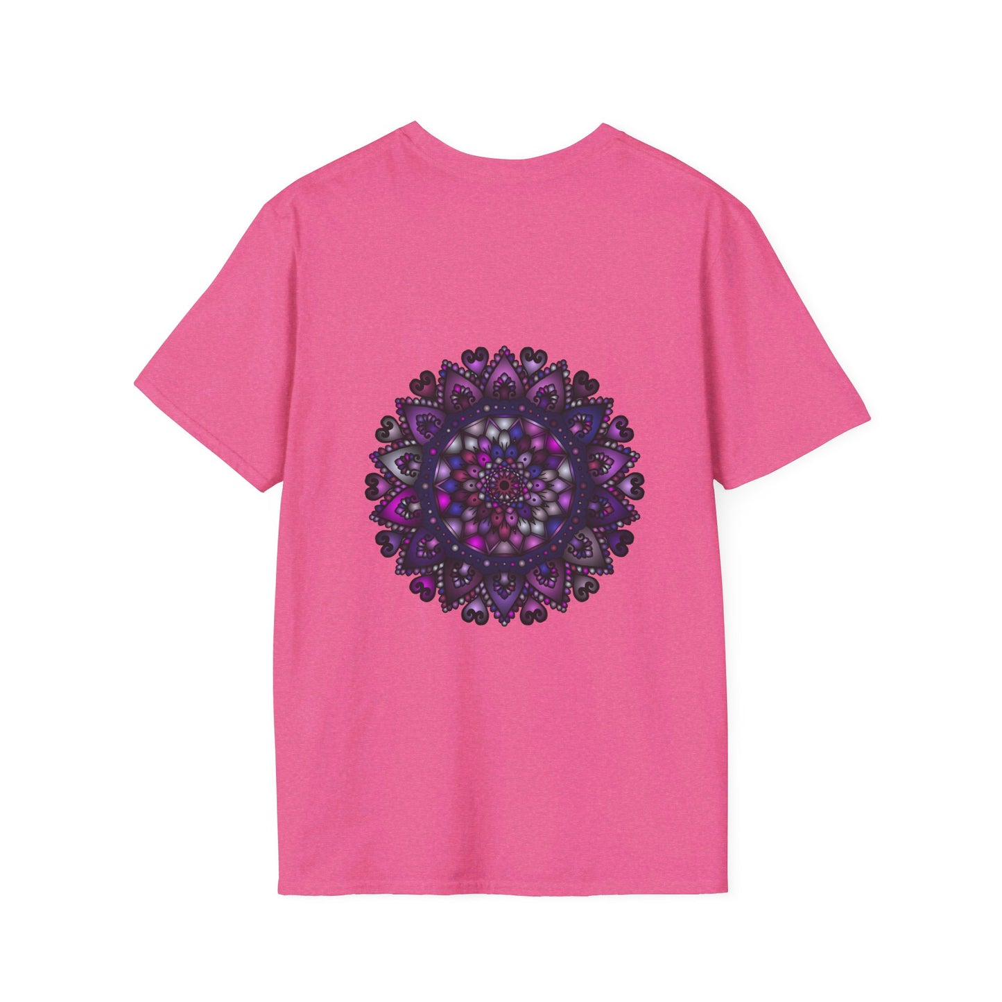 Softstyle purple t-shirt with unisex fit, featuring a hand-drawn mandala art design