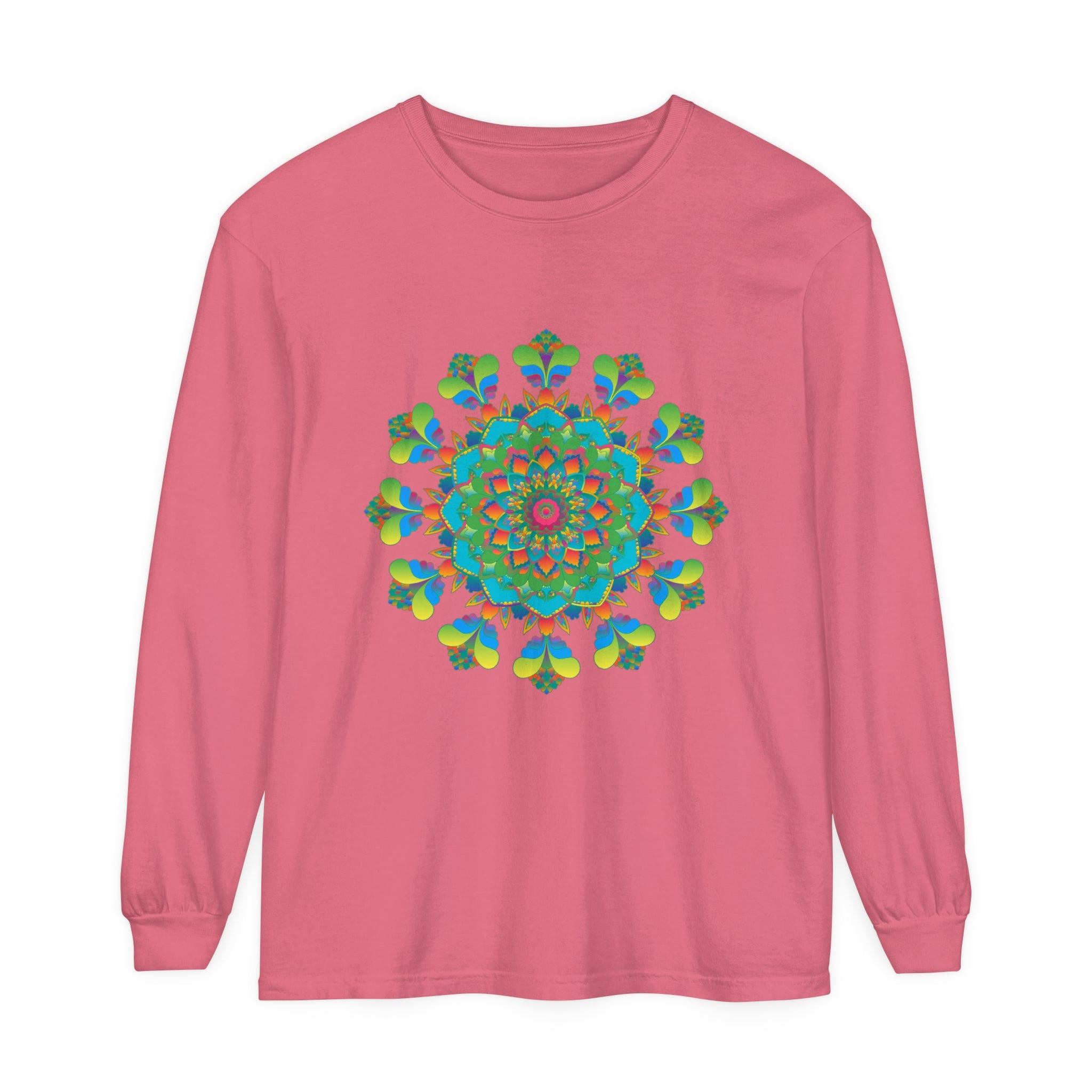Vibrant and colorful Psychedelic Mandala Tie Dye Long Sleeve T-Shirt on display