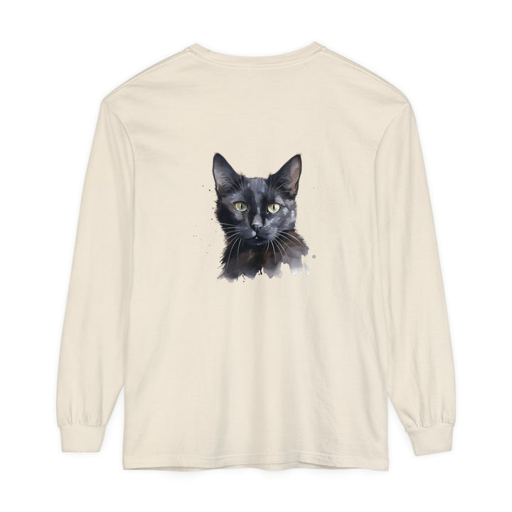 Black Cat Watercolor - Mystical Long Sleeve T-Shirt featuring a stunning watercolor design of a black cat on a comfortable long sleeve shirt