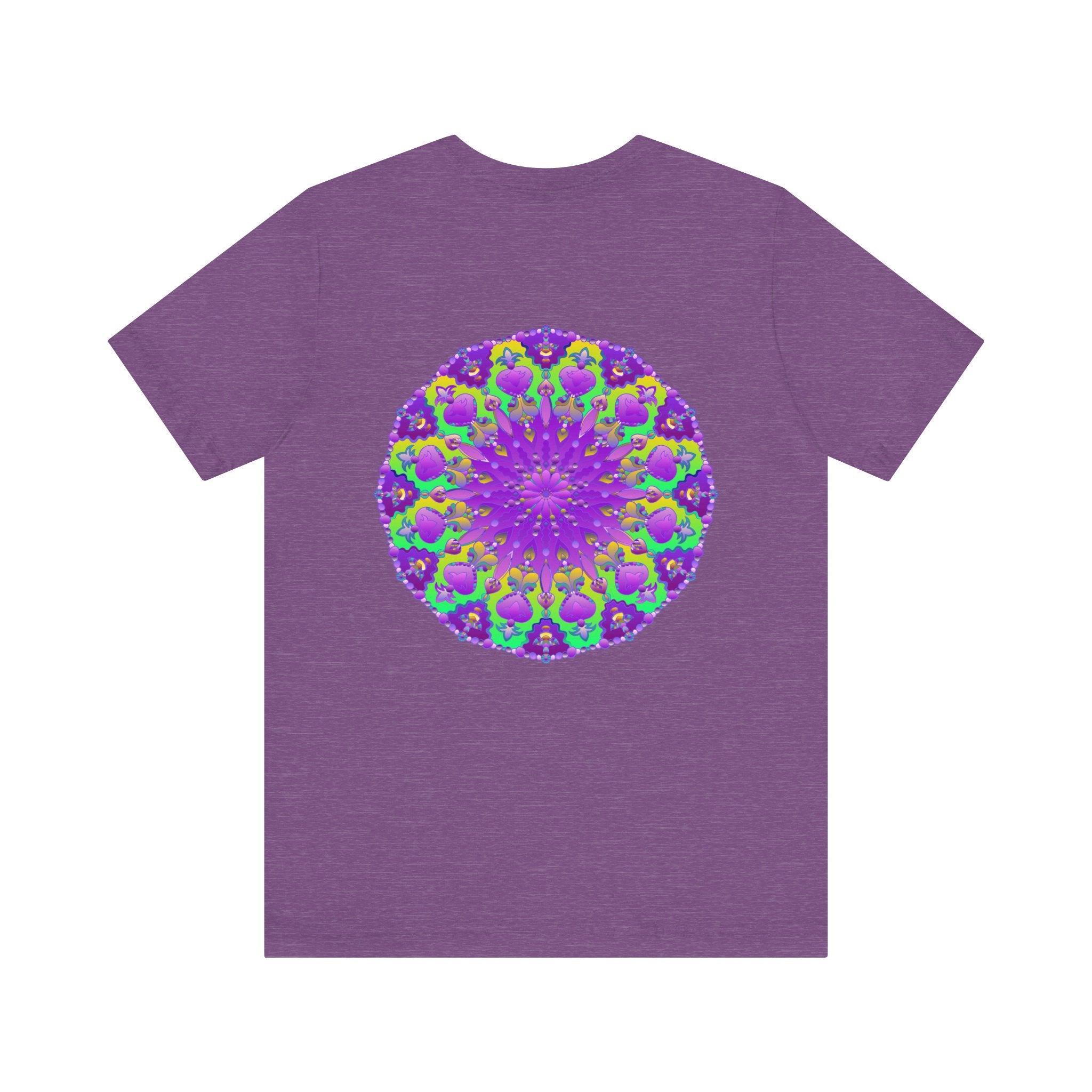 Vibrant purple mandala tee featuring intricate spiritual design for peace and harmony