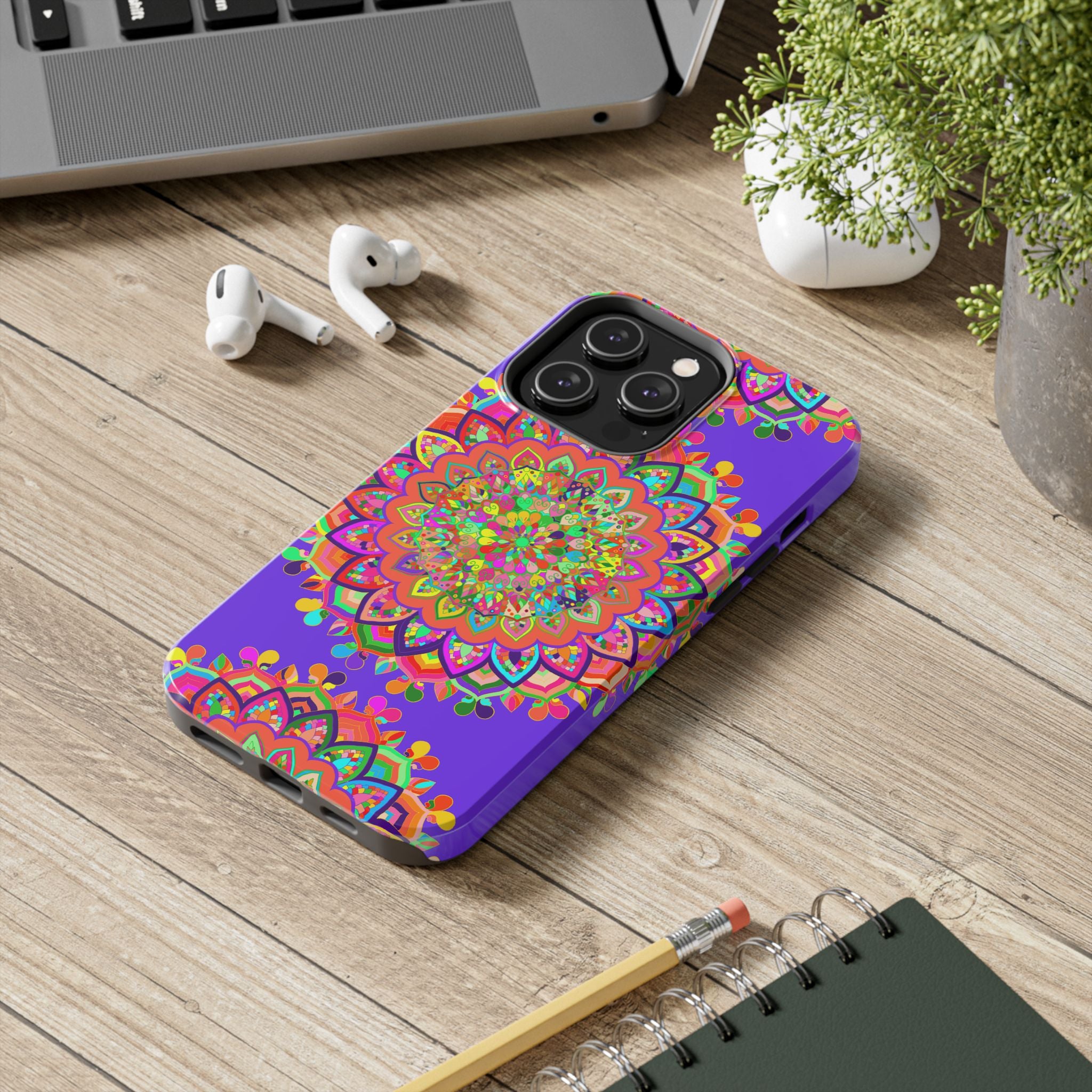 Hand drawn purple Mandala Art phone case with intricate floral design