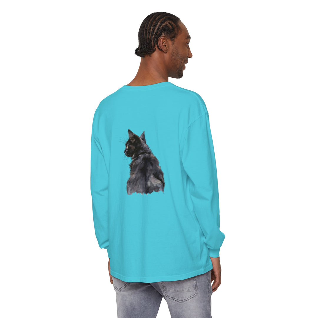 Black Cat Watercolor Long Sleeve T-Shirt with vibrant cat design