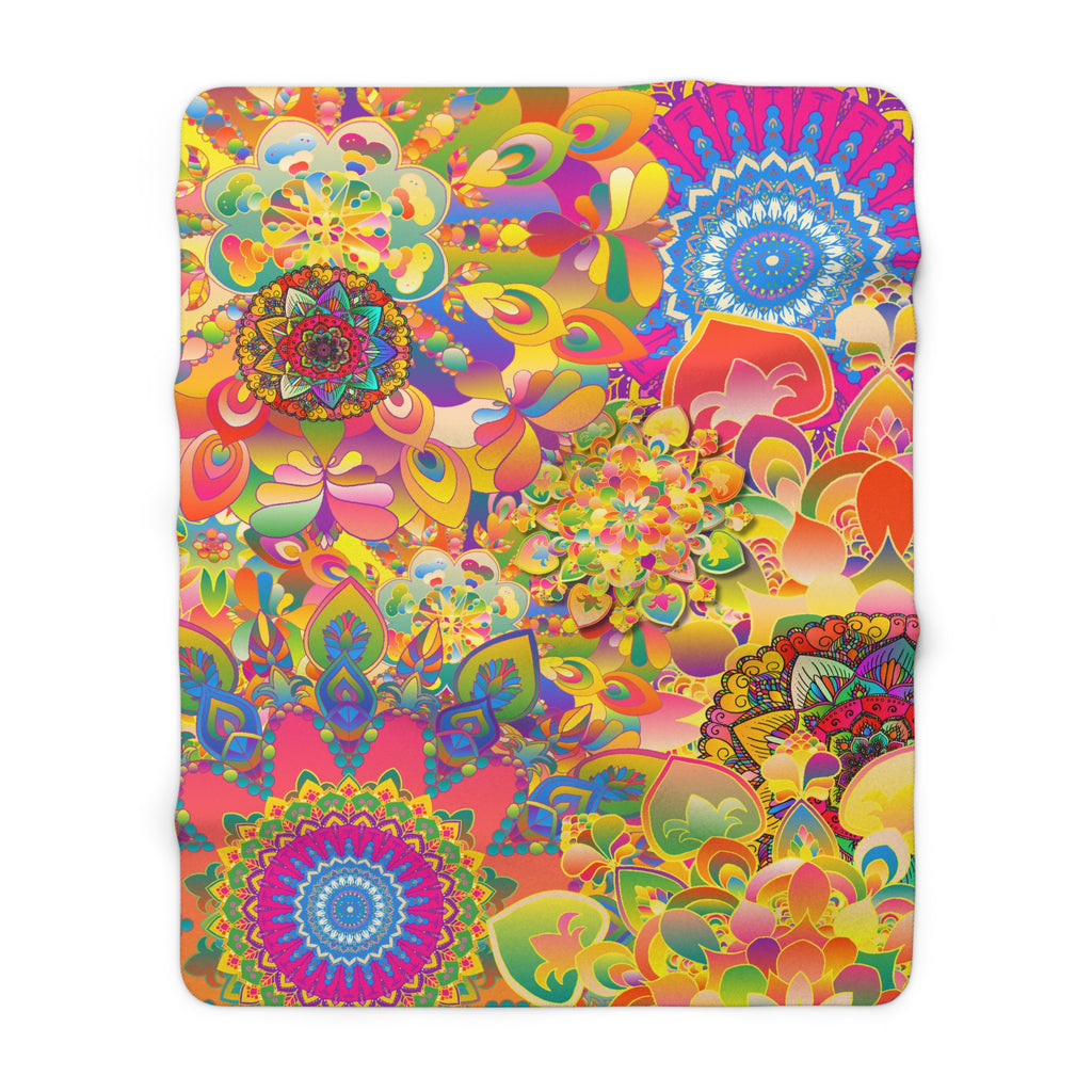 Colorful psychedelic sherpa blanket on a white background