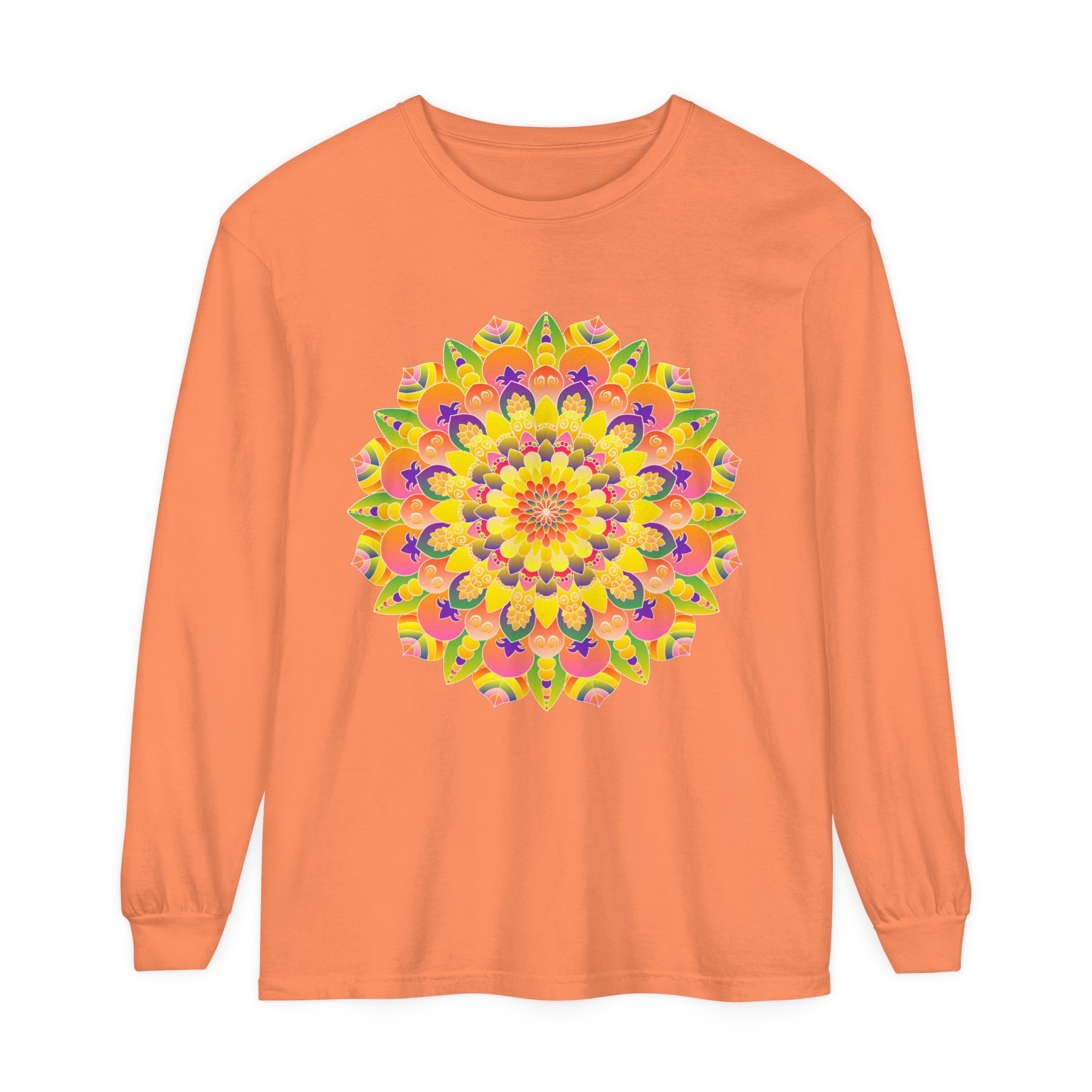 A close-up image of a Vibrant Mandala Unisex Long Sleeve T-Shirt featuring intricate, colorful mandala patterns on the front and sleeves