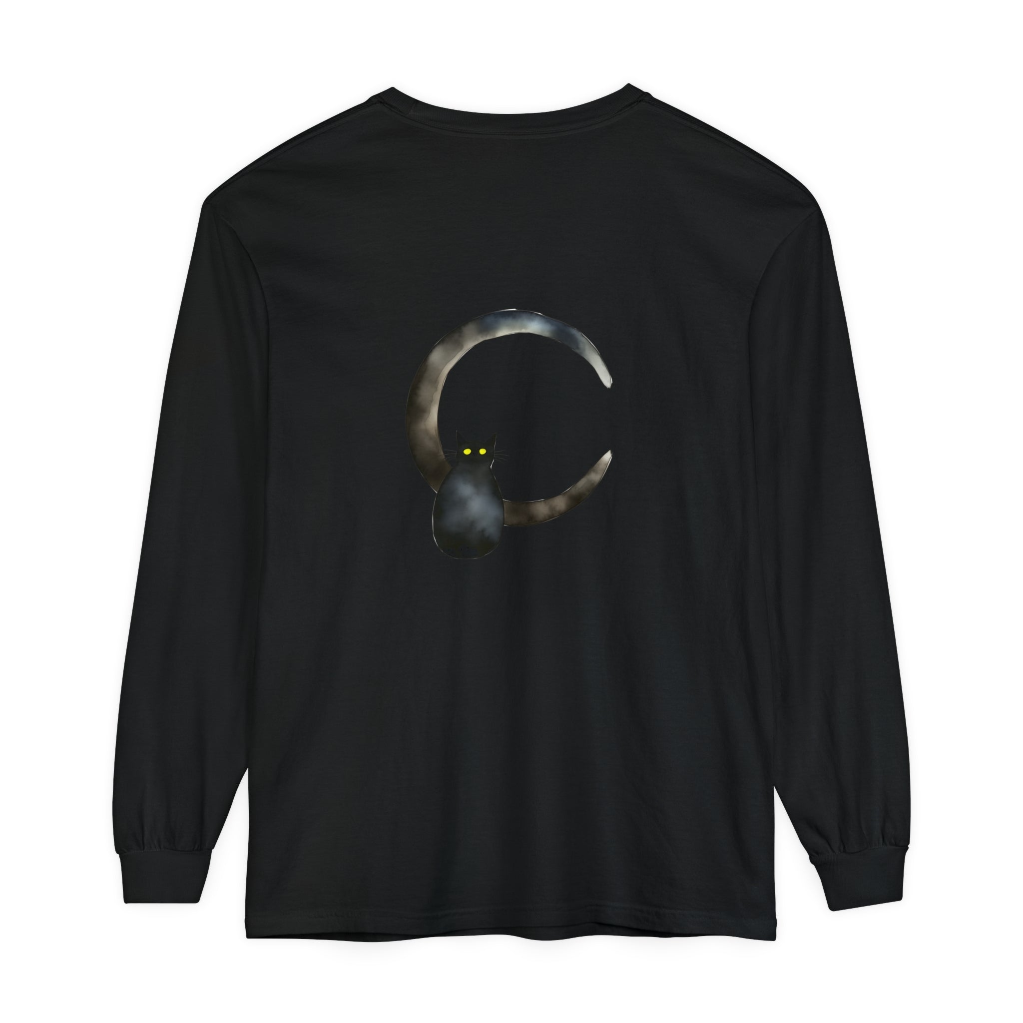 Black Cat Crescent Moon T-Shirt featuring a mystical feline and moon design