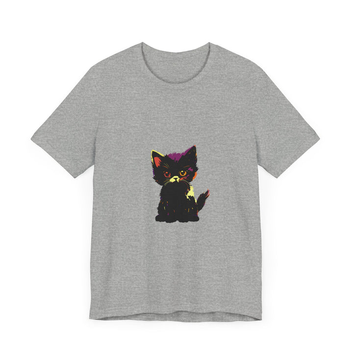 A stylish black t-shirt featuring a neon-colored mystery cat design