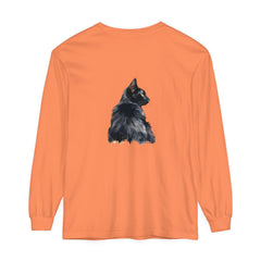 Black Cat Watercolor Long Sleeve T-Shirt displayed on white background with vibrant watercolor design featuring a black cat and foliage