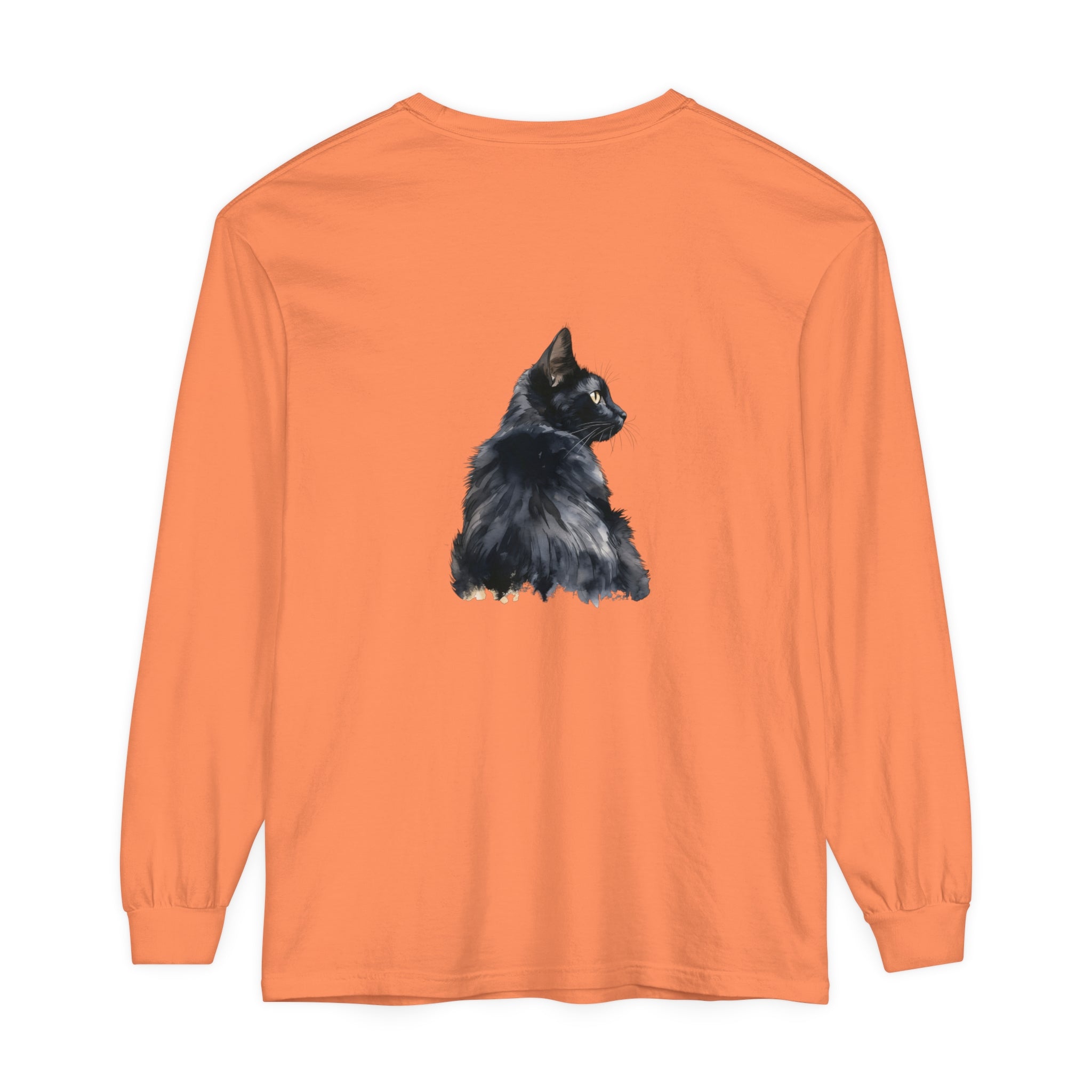 Black Cat Watercolor Long Sleeve T-Shirt displayed on white background with vibrant watercolor design featuring a black cat and foliage