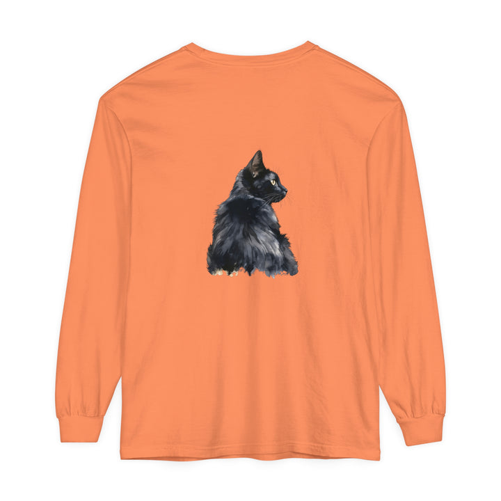 Black Cat Watercolor Long Sleeve T-Shirt displayed on white background with vibrant watercolor design featuring a black cat and foliage