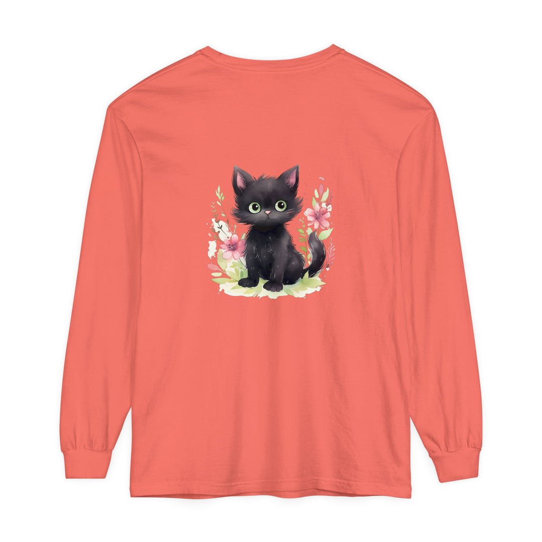 Fun and colorful t-shirt with a playful kitten and floral watercolor pattern