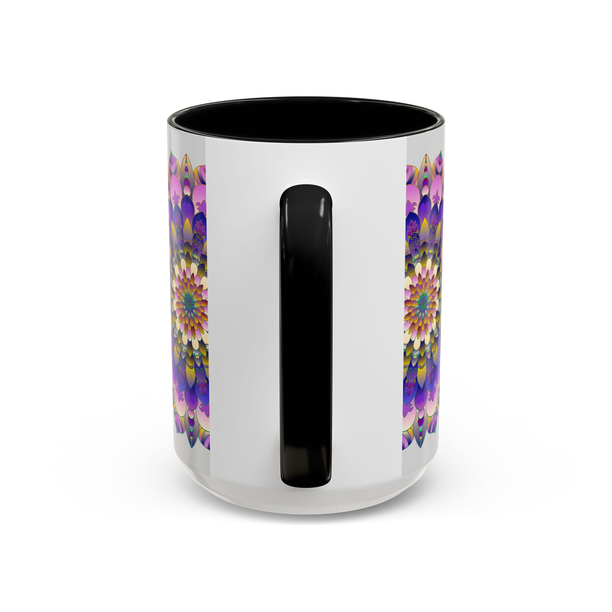 A beautifully designed mandala art mug with vibrant colors on grey background