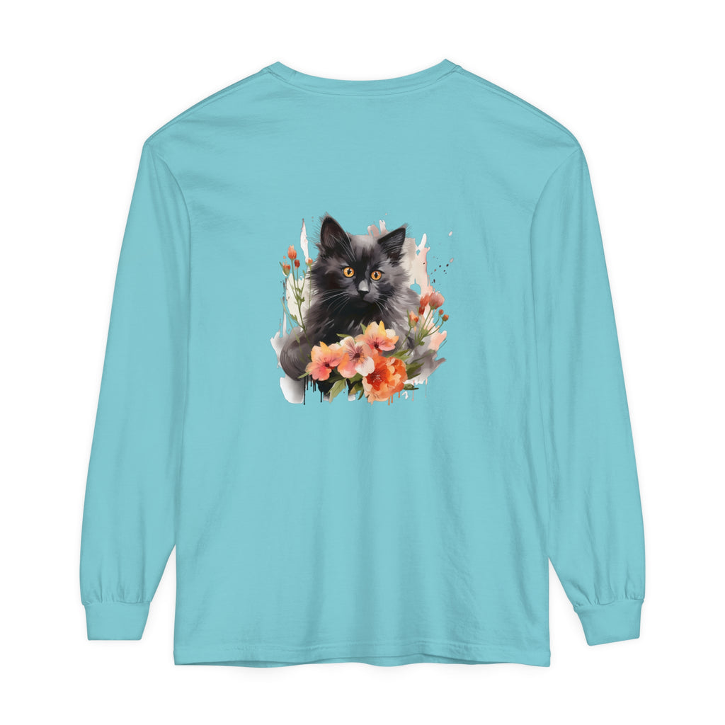 Black Cat & Flowers Watercolor T-Shirt: A beautiful, hand-painted watercolor design featuring a playful black cat surrounded by blooming flowers on a comfortable, stylish t-shirt