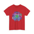 White unisex heavy cotton tee featuring intricate mandala art, perfect for yoga and mindfulness practice