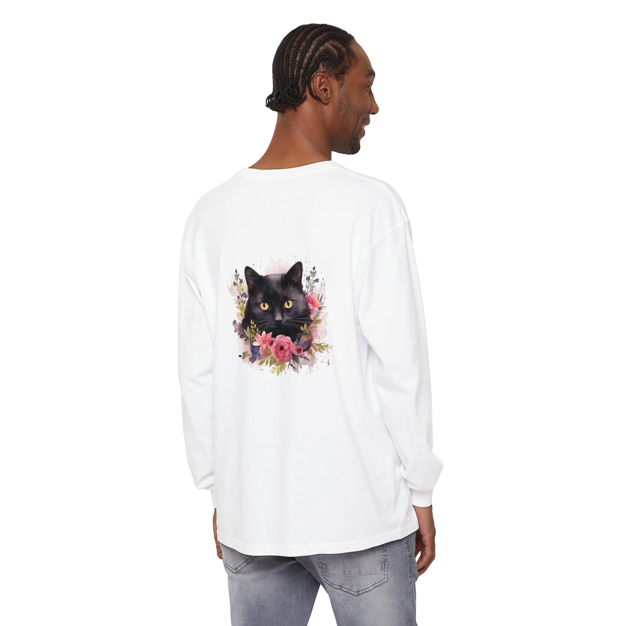 Black Cat Floral Watercolor Long Sleeve T-Shirt with vibrant hand-painted design