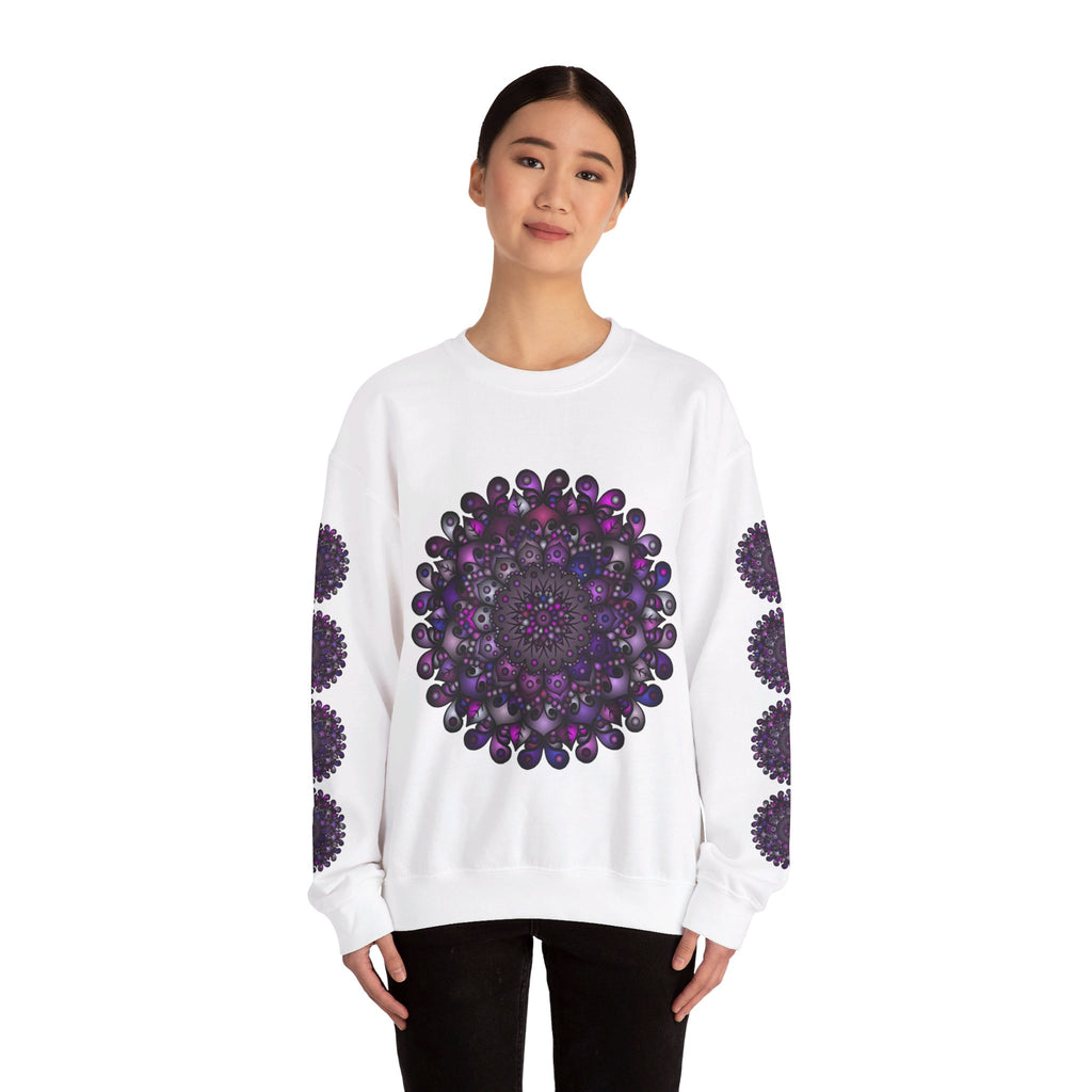 Unisex Heavy Blend™ Crewneck Sweatshirt featuring a vibrant, intricately designed Purple Mandala pattern for a stylish and comfortable look