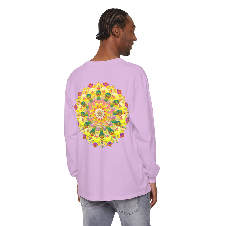 Colorful and intricate mandala design on a unisex long sleeve t-shirt