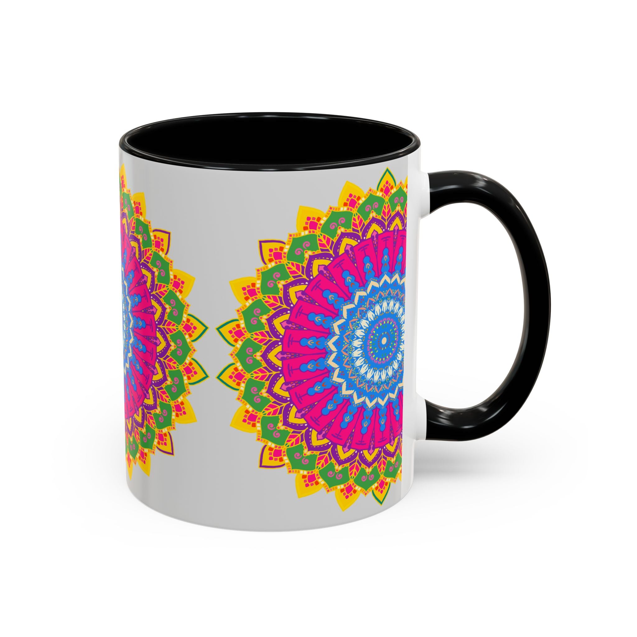 Colorful geometric mandala art mug featuring intricate, vibrant design patterns