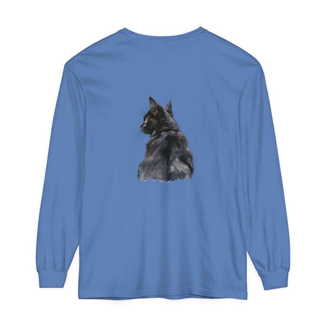 Long sleeve black t-shirt with watercolor design of a sleek cat