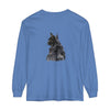 Long sleeve black t-shirt with watercolor design of a sleek cat