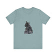 Black watercolor tee with a mysterious cat illustration, perfect for cat lovers