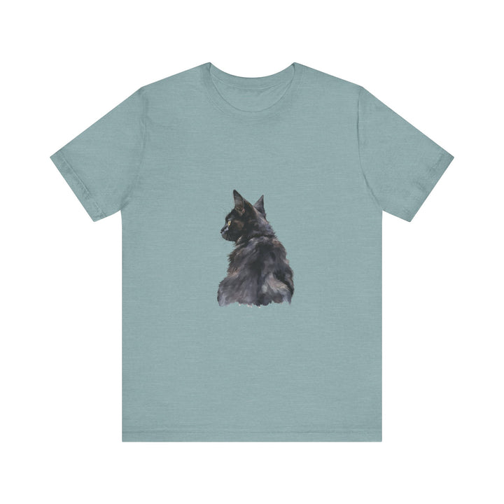 Black watercolor tee with a mysterious cat illustration, perfect for cat lovers