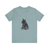 Black watercolor tee with a mysterious cat illustration, perfect for cat lovers