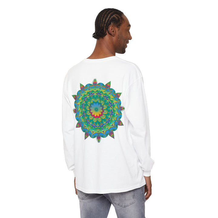 Colorful and intricate psychedelic mandala design on a long sleeve t-shirt