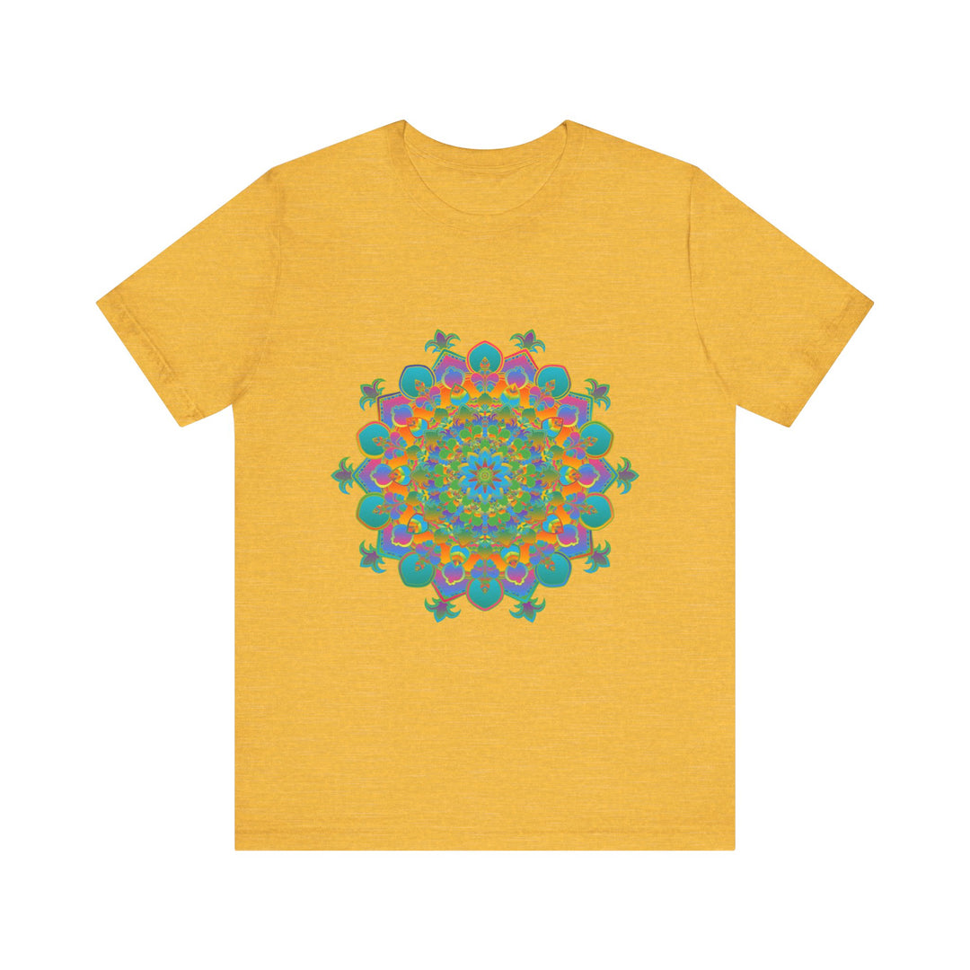 A colorful and intricate mandala tee with a circular floral design