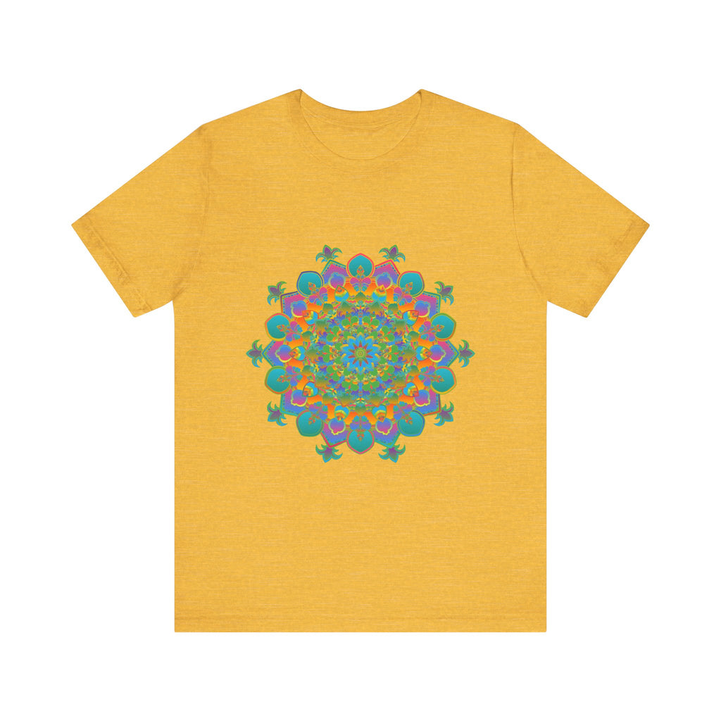 A colorful and intricate mandala tee with a circular floral design