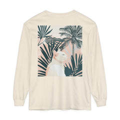 A close-up image of a white cat tropical mandala long sleeve t-shirt with vibrant and intricate floral and animal designs