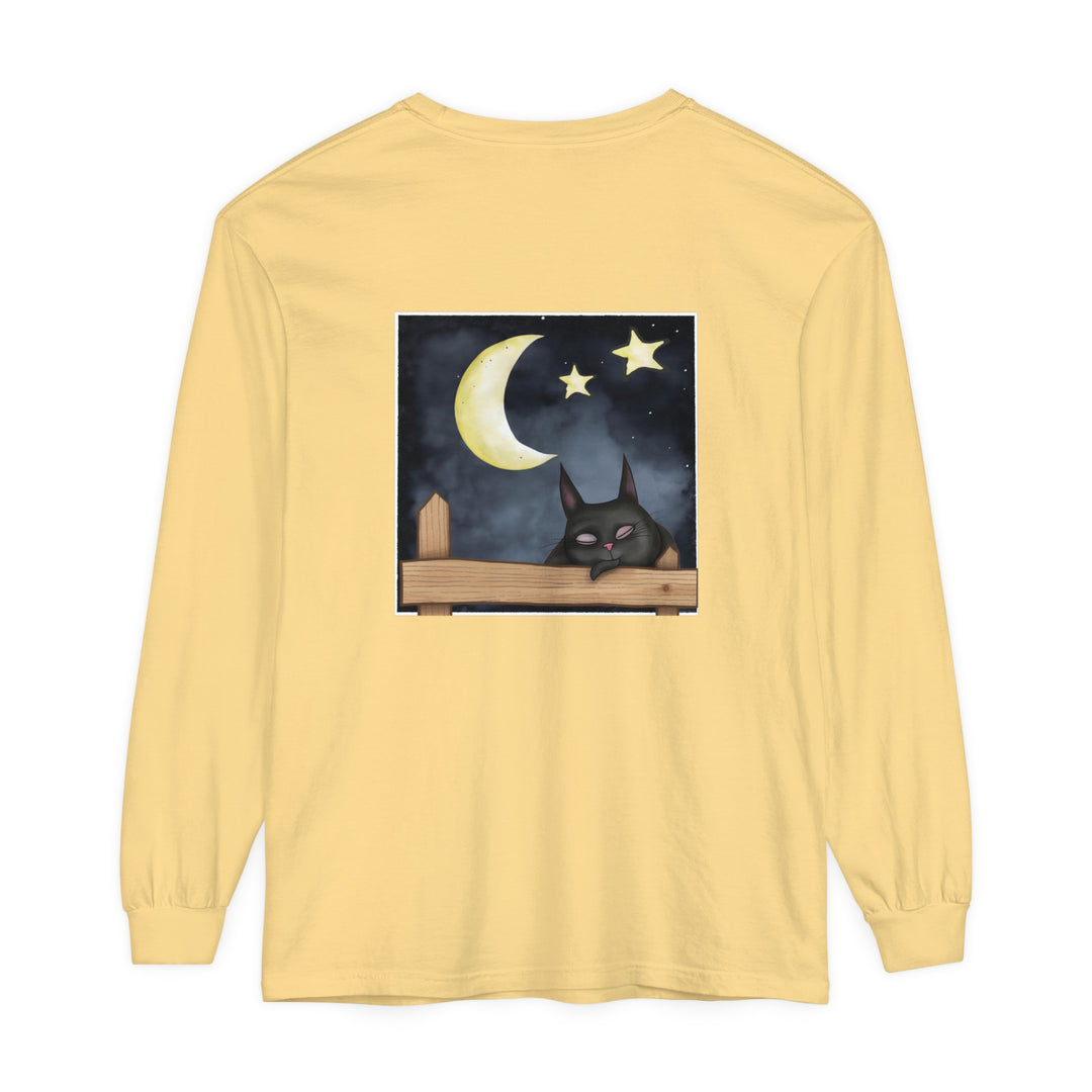 A comfortable black t-shirt with a sleepy cat design against a starry night sky