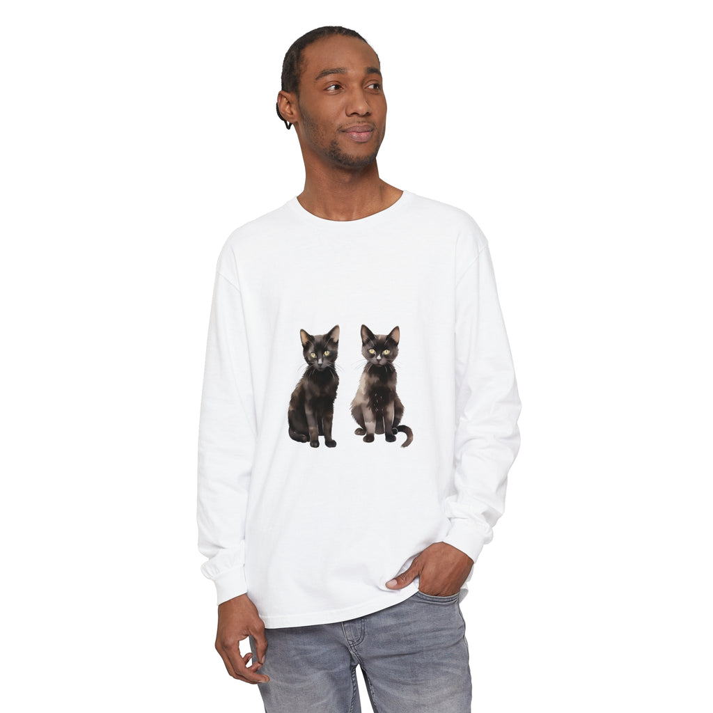 Black Cat Watercolor Art Long Sleeve T-Shirt showcasing vibrant feline design