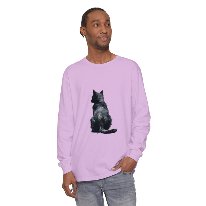 Black Cat Watercolor Long Sleeve T-Shirt - a trendy and stylish top featuring a vibrant watercolor print of a black cat on a comfortable long sleeve shirt