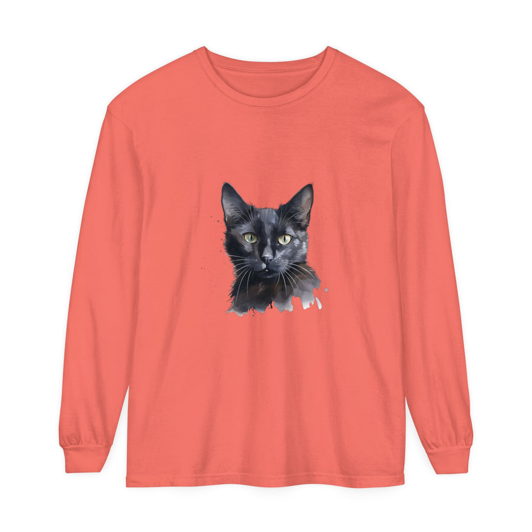 Black Cat Watercolor - Mystical Long Sleeve T-Shirt with vibrant watercolor design of a mysterious black cat