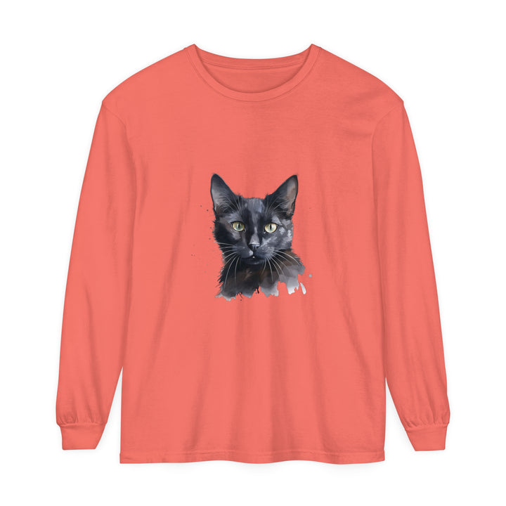 Black Cat Watercolor - Mystical Long Sleeve T-Shirt with vibrant watercolor design of a mysterious black cat