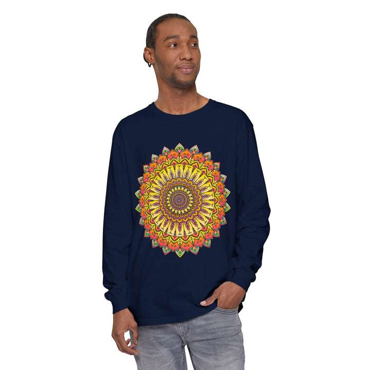 Colorful and detailed mandala design on long sleeve unisex t-shirt