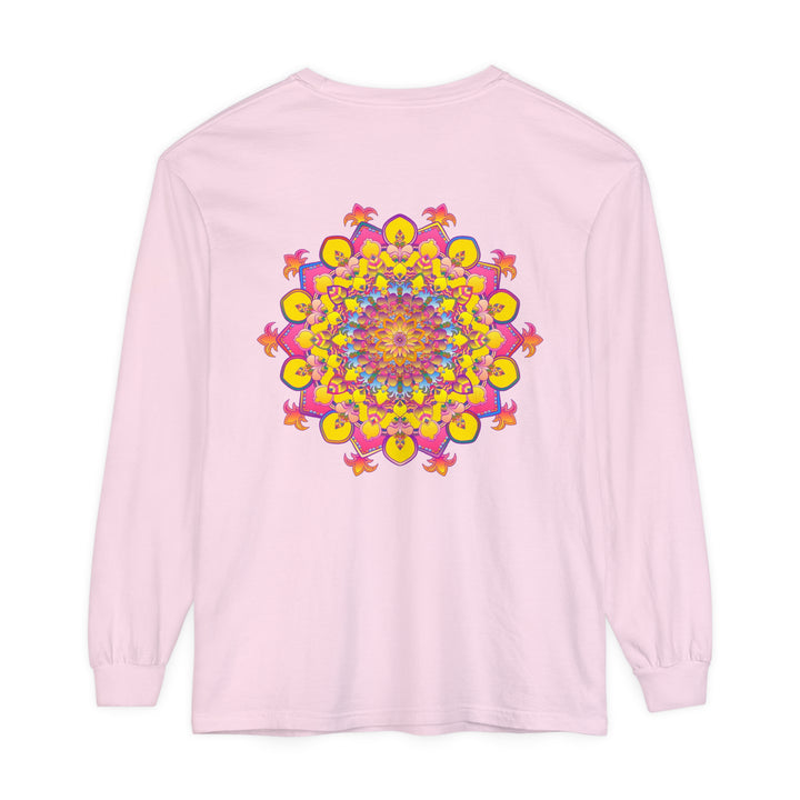 Colorful and intricate mandala design on a unisex long sleeve T-shirt