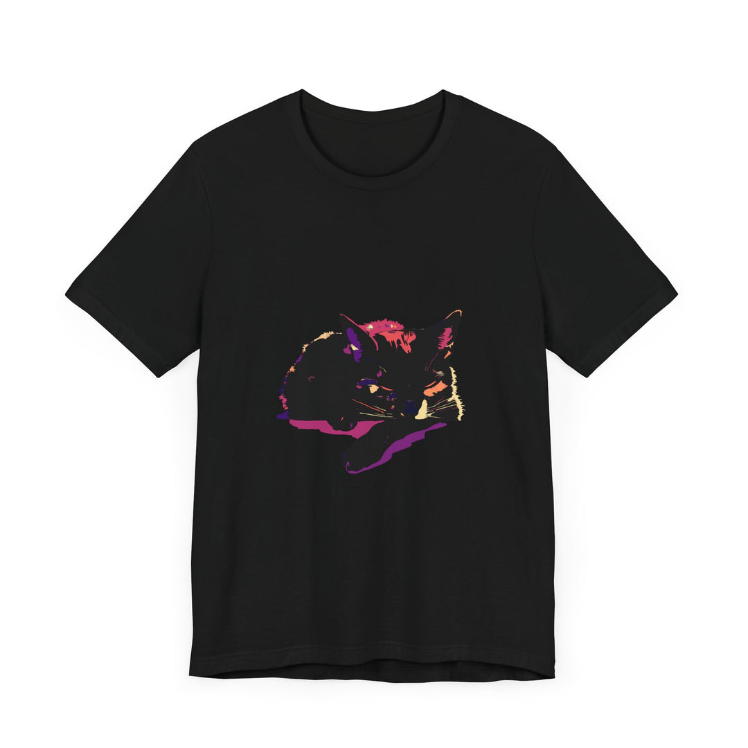 Black Cat Mystery - Colorful Sleep T-Shirt featuring a playful cartoon cat surrounded by vibrant, dreamy colors