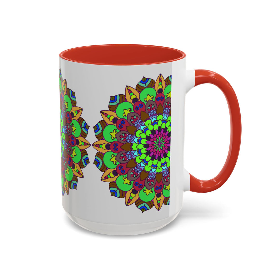 A colorful mandala art mug featuring a vibrant floral design with intricate patterns and bright, eye-catching colors